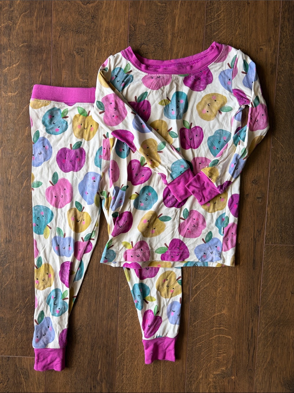 Little Sleepies White Pajama Set with Multicolor Apple Print and Pink Trim